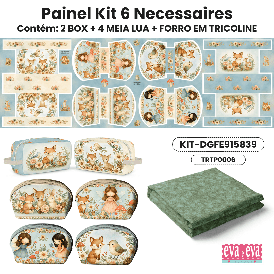 Tecido Painel em Sarja Impermeável 100% Algodão | Kit 6 Necessaires | Infantil - Floresta Encantada| KIT-DGFE915839