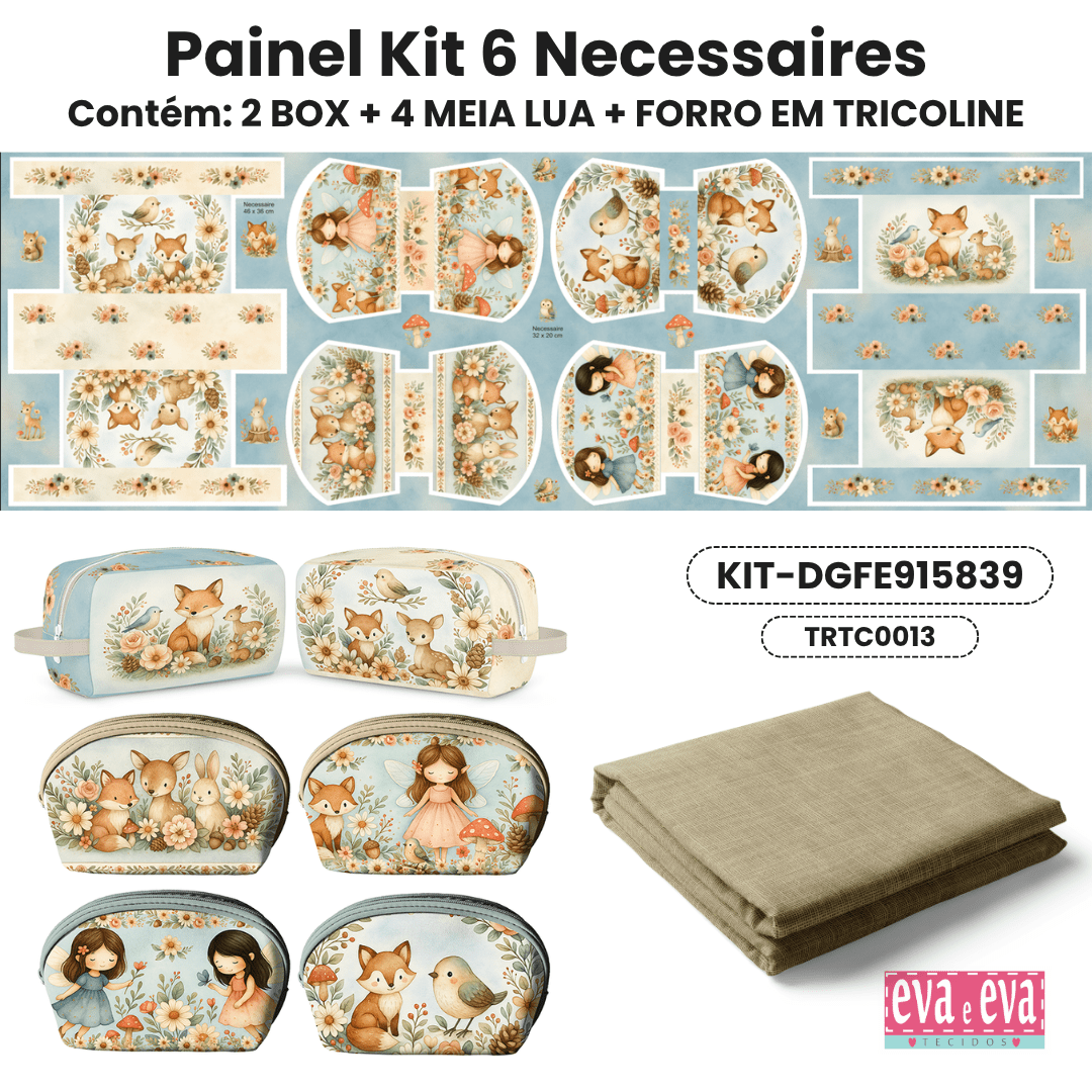 KIT 6 NECESSAIRES | PAINEL DE TECIDO SARJA IMPERMEÁVEL COM FORO EM TRICOLINE | Infantil - Floresta Encantada| KIT-DGFE915839