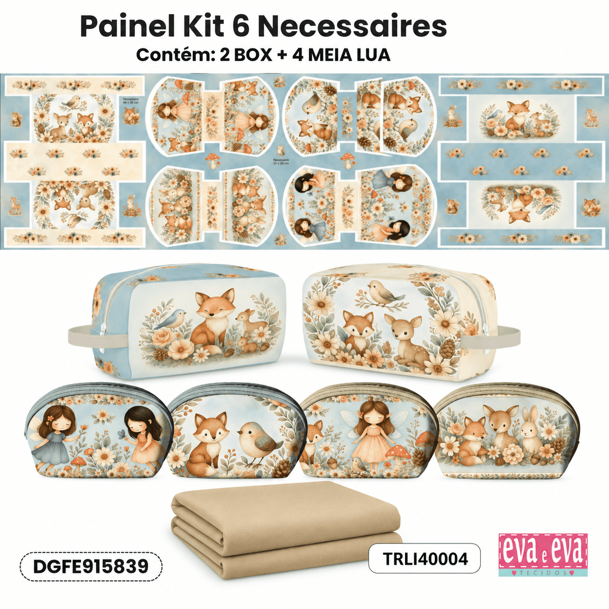 KIT Tecido Sarja Impermeável Painel de 6 Necessaires + Forro Tricoline Infantil Floral Costura Criativa DIY - KIT-DGFE915839  
