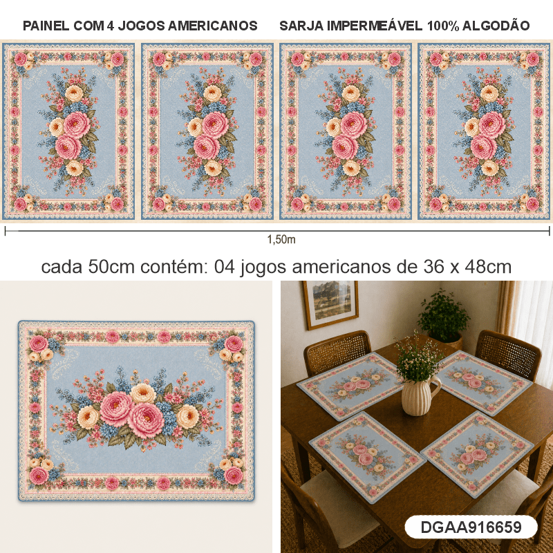 TECIDO SARJA IMPERMEAVEL 100% ALGODÃO - ATELIÊ DO AMOR - JOGO AMERICANO - FLORAL - DGAA916659