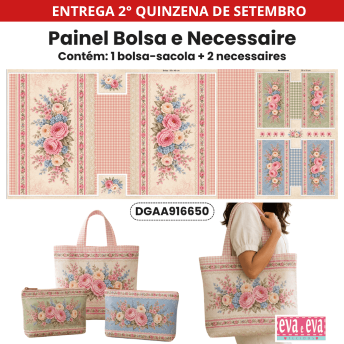 Tecido Sarja Impermeável Painel de Bolsa + 2 Necessaires Atelie Floral Costura Criativa DIY - DGAA916650