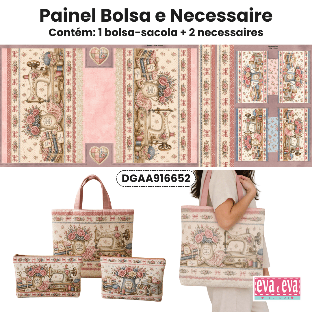 TECIDO SARJA IMPERMEAVEL 100% ALGODÃO- ATELIÊ DO AMOR - KIT BOLSA E NECESSAIRE - FLORAL -DGAA916652