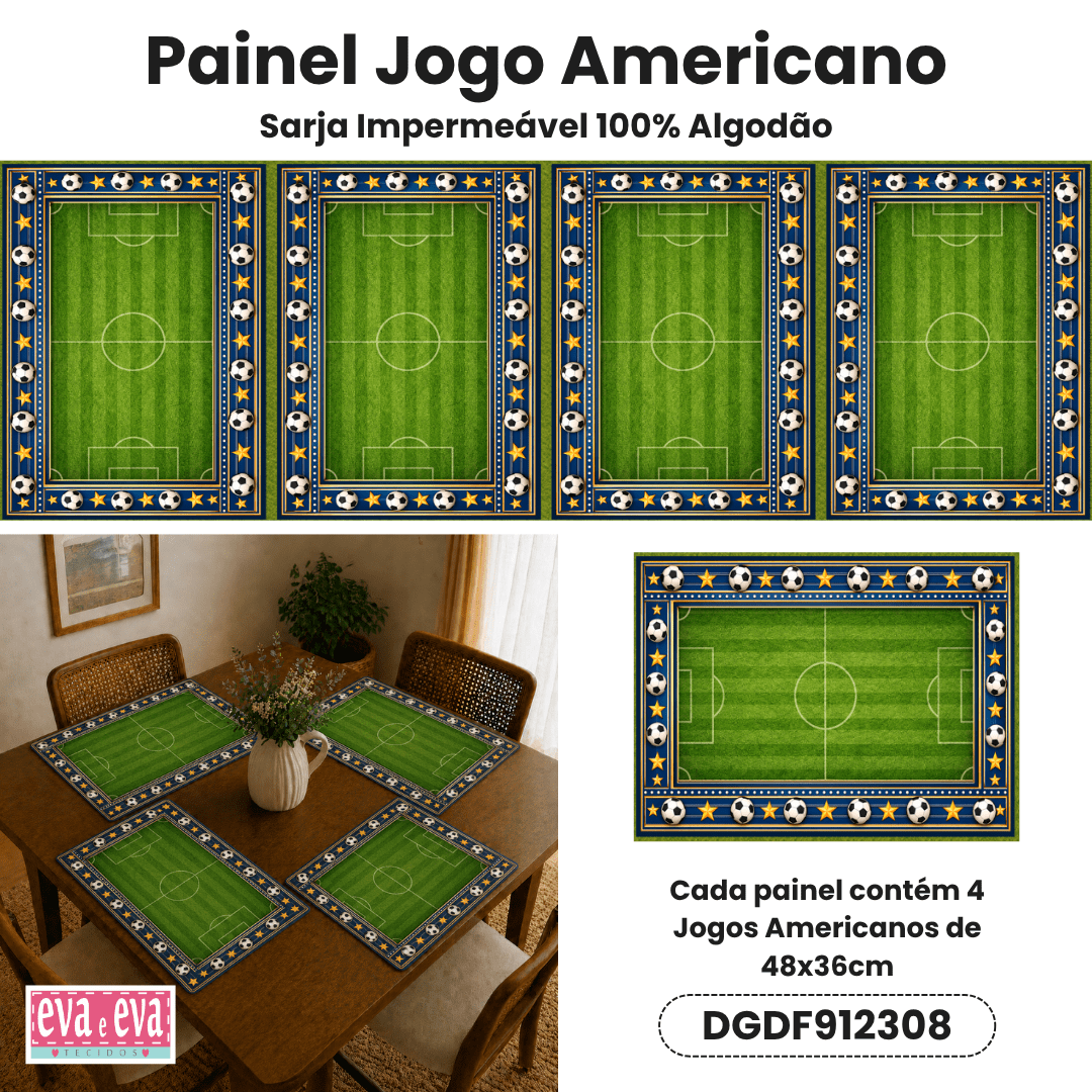 TECIDO SARJA IMPERMEAVEL 100% ALGODÃO-DOMINGO DE FUTEBOL- COPA DO MUNDO JOGO AMERICANO - DGDF912308