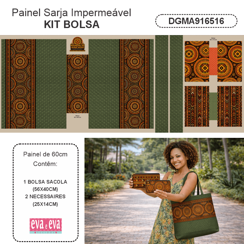 TECIDO SARJA IMPERMEAVEL 100% ALGODÃO - MANDALAS AFRICANAS - BOLSA E NECESSAIRE - DGMA916516