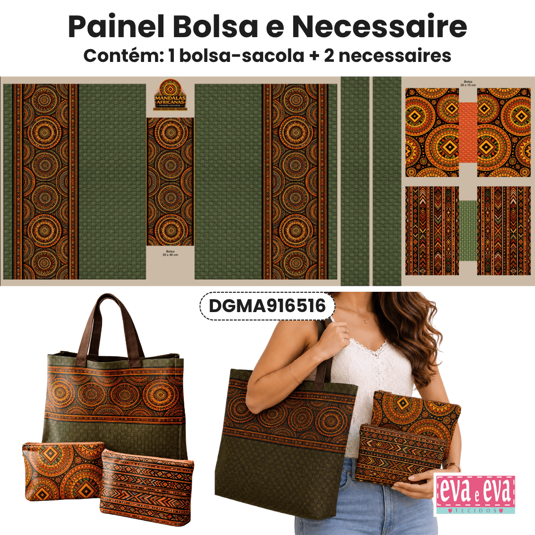 PAINEL EM TECIDO DE SARJA IMPERMEÁVEL 100% ALGODÃO | BOLSA + 2 NECESSAIRES | MANDALAS AFRICANAS | DGMA916516