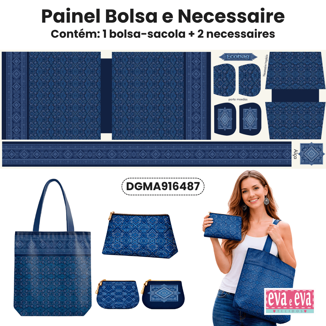TECIDO SARJA IMPERMEAVEL 100% ALGODÃO - MANDALAS AFRICANAS - ECOBAG E NECESSAIRE AZUL - DGMA916487