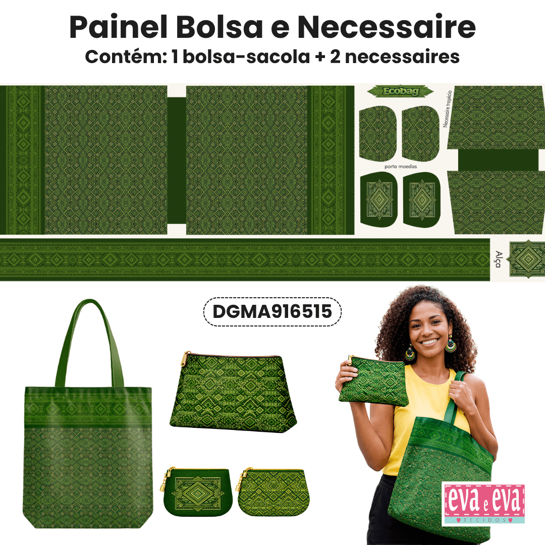 TECIDO SARJA IMPERMEAVEL 100% ALGODÃO - MANDALAS AFRICANAS - ECOBAG E NECESSAIRE VERDE - DGMA916515