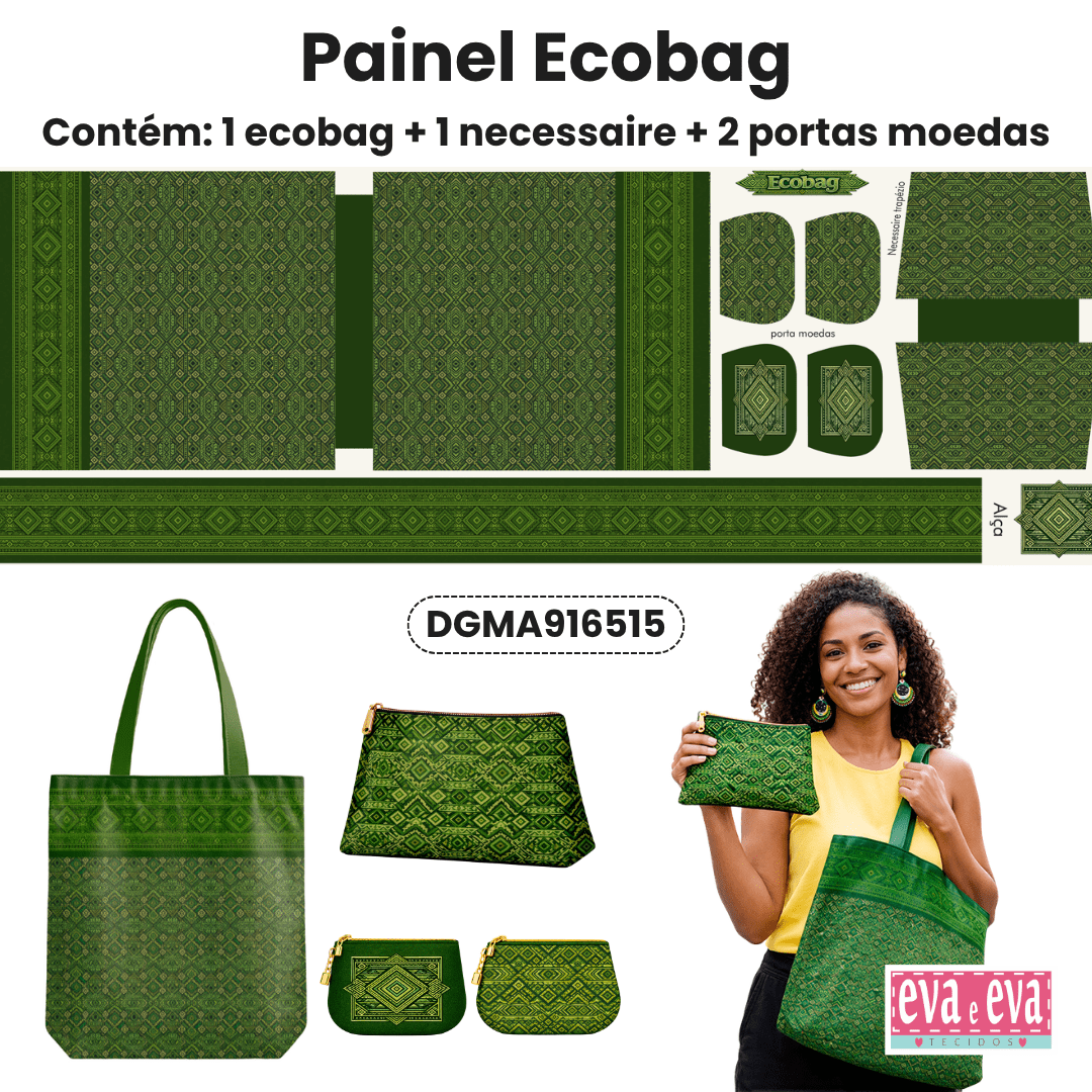 TECIDO SARJA IMPERMEAVEL 100% ALGODÃO - MANDALAS AFRICANAS - ECOBAG E NECESSAIRE VERDE - DGMA916515