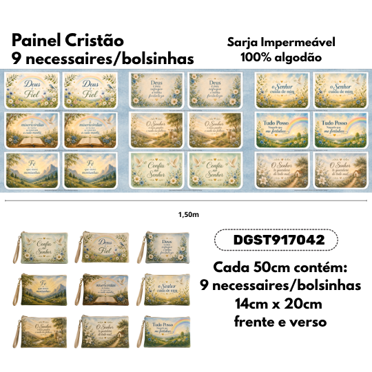Painel 9 Necessaires Cristãs em Tecido Sarja Impermeável 100% Algodão – Mensagens de Fé DGST917042