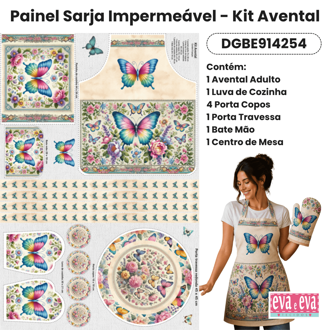 Tecido Painel Costura Criativa Kit Avental Sarja Impermeável 100% Algodão - BORBOLETAS ENCANTADAS - DGBE914254