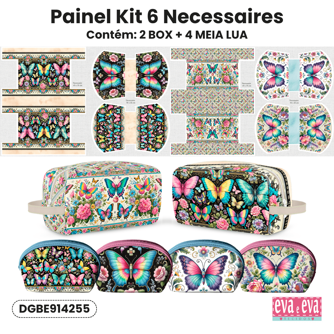 Tecido Painel Costura Criativa Kit 6 Necessaire Sarja Impermeável 100% Algodão - BORBOLETAS ENCANTADAS DGBE914255