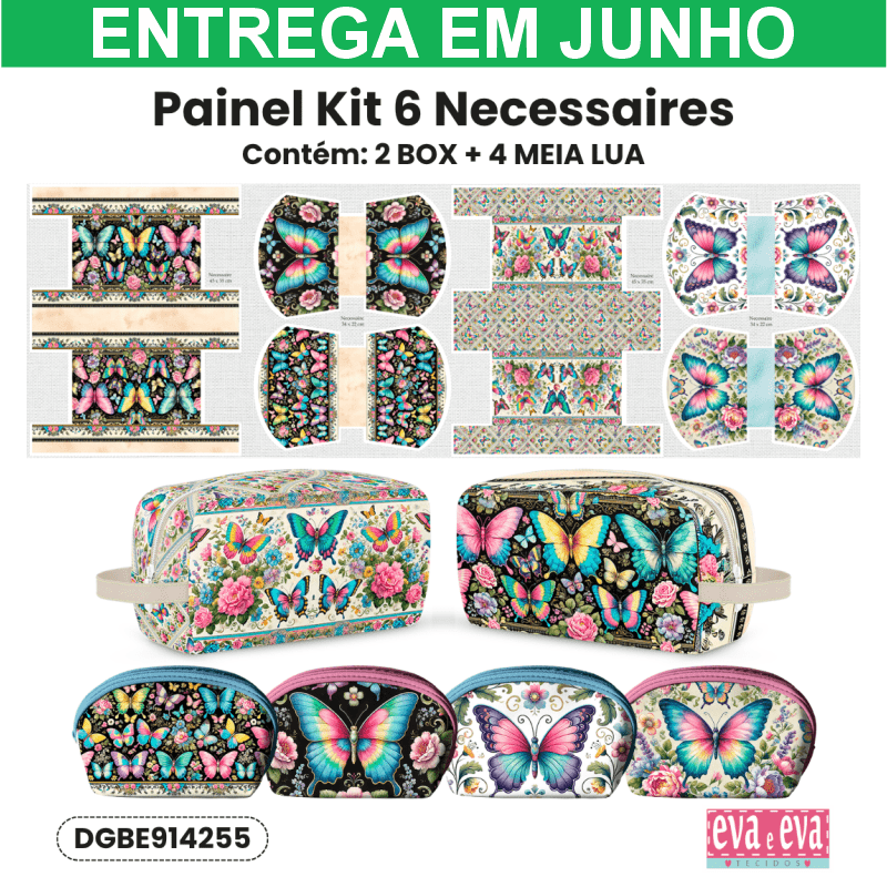 Tecido Painel Costura Criativa Kit 6 Necessaire Sarja Impermeável 100% Algodão - BORBOLETAS ENCANTADAS DGBE914255