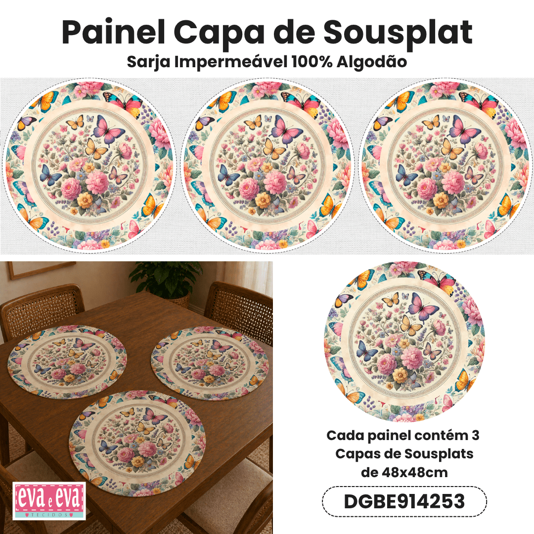 Tecido Painel em Sarja Impermeável 100% Algodão | 3 Capas de Sousplat | Floral - Borboletas Encantadas | DGBE914253