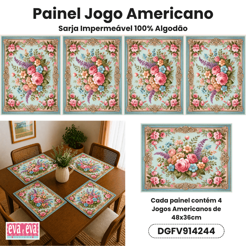 Tecido Painel em Sarja Impermeável 100% Algodão | 3 Capas de Sousplat | Floral - Flores Vintage | DGFV914244
