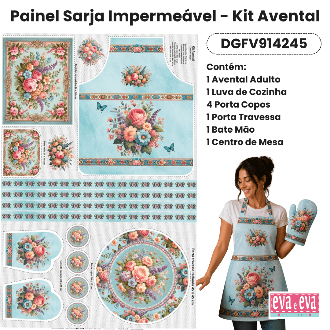 Tecido Painel Costura Criativa Kit Avental Sarja Impermeável 100% Algodão - FLORES VINTAGE - DGFV914245