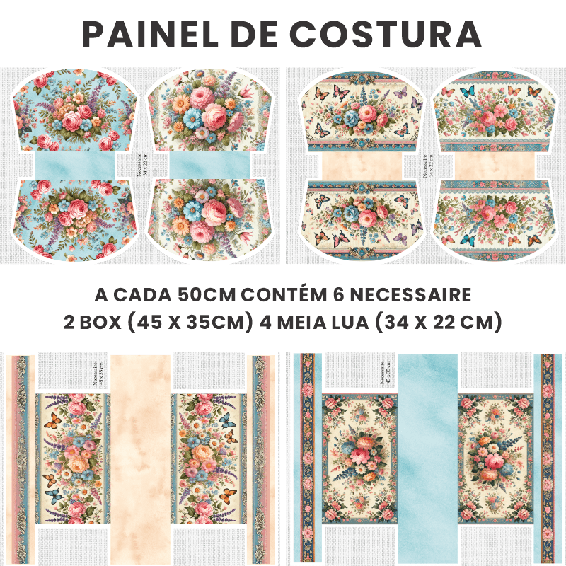 TECIDO SARJA IMPERMEAVEL DIGITAL EXCLUSIVO 100% ALGODÃO- FLORES VINTAGE-NECESSAIRE-DGFV914247