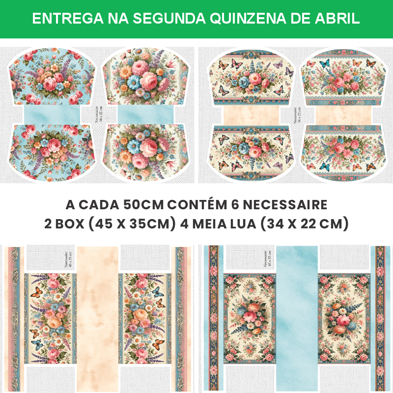 TECIDO SARJA IMPERMEAVEL DIGITAL EXCLUSIVO 100% ALGODÃO- FLORES VINTAGE-NECESSAIRE-DGFV914247