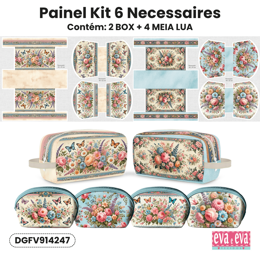 PAINEL EM TECIDO DE SARJA IMPERMEÁVEL 100% ALGODÃO COM 6 NECESSAIRES - FLORES VINTAGE DGFV914247