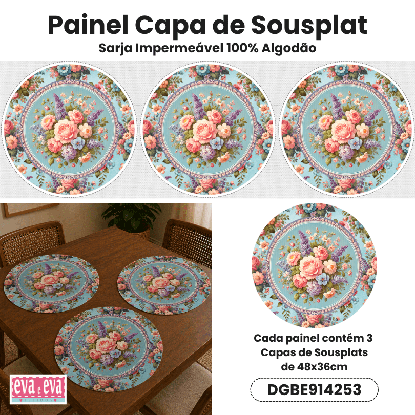 Tecido Painel em Sarja Impermeável 100% Algodão | 3 Capas de Sousplat | Floral - Flores Vintage | DGFV914246