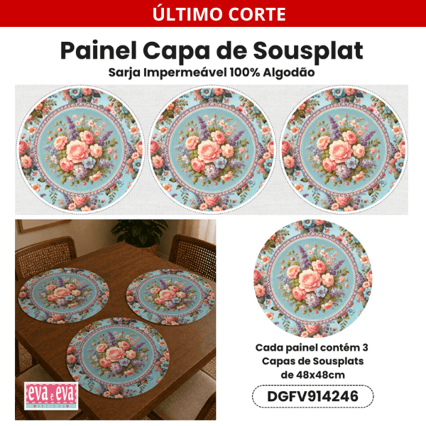 Tecido Painel em Sarja Impermeável 100% Algodão | 3 Capas de Sousplat | Floral - Flores Vintage | DGFV914246