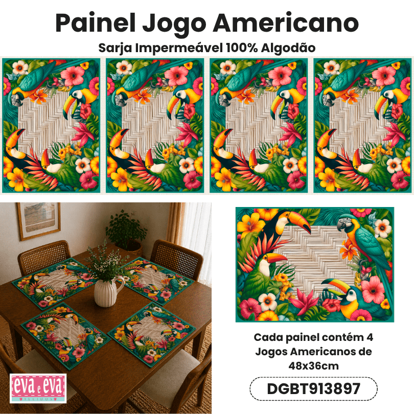 Tecido Painel em Sarja Impermeável 100% Algodão | 4 Jogos Americanos | Floral - Beleza Tropical | DGBT913897