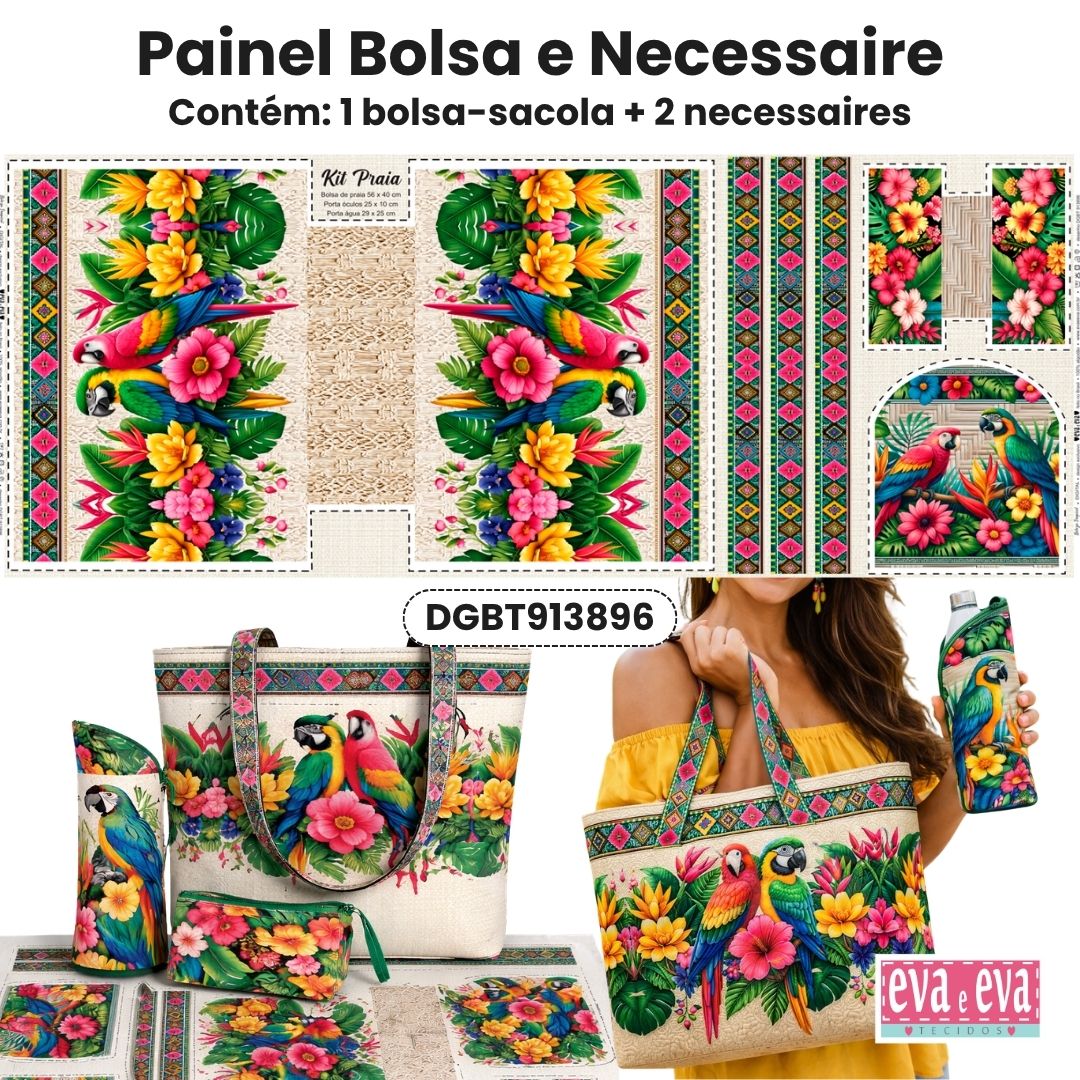 Tecido Painel em Sarja Impermeável 100% Algodão | Bolsa + 2 Necessaires | Beleza Tropical | DGBT913896