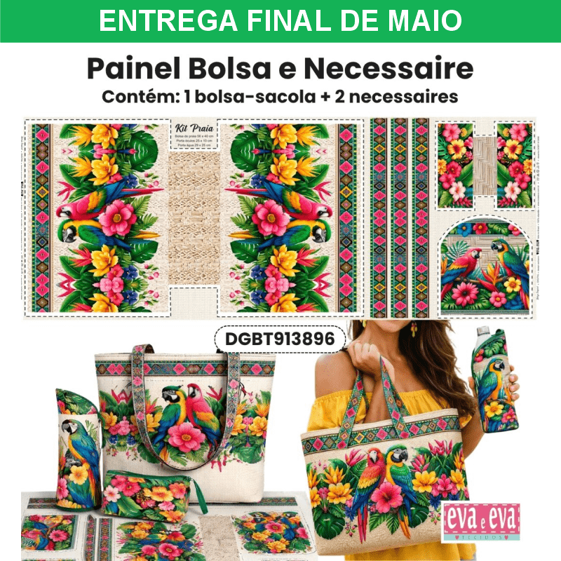 Tecido Painel em Sarja Impermeável 100% Algodão | Bolsa + 2 Necessaires | Beleza Tropical | DGBT913896