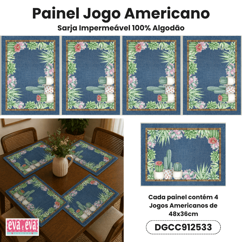 Tecido Painel em Sarja Impermeável 100% Algodão | 4 Jogos Americanos | Floral - Cactus & Cia | DGCC912533