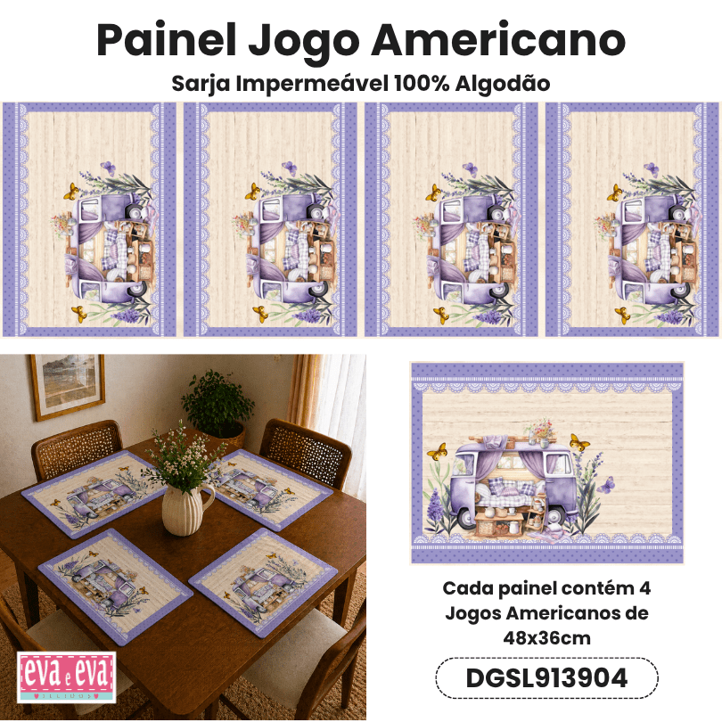 Tecido Painel em Sarja Impermeável 100% Algodão | 4 Jogos Americanos | Floral - Simplesmente Lavanda | DGSL913904