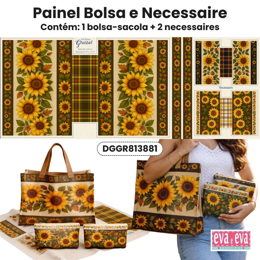 Tecido Painel em Sarja Impermeável 100% Algodão | Bolsa + 2 Necessaires | Floral - Campos de Girassol | DGGR813881