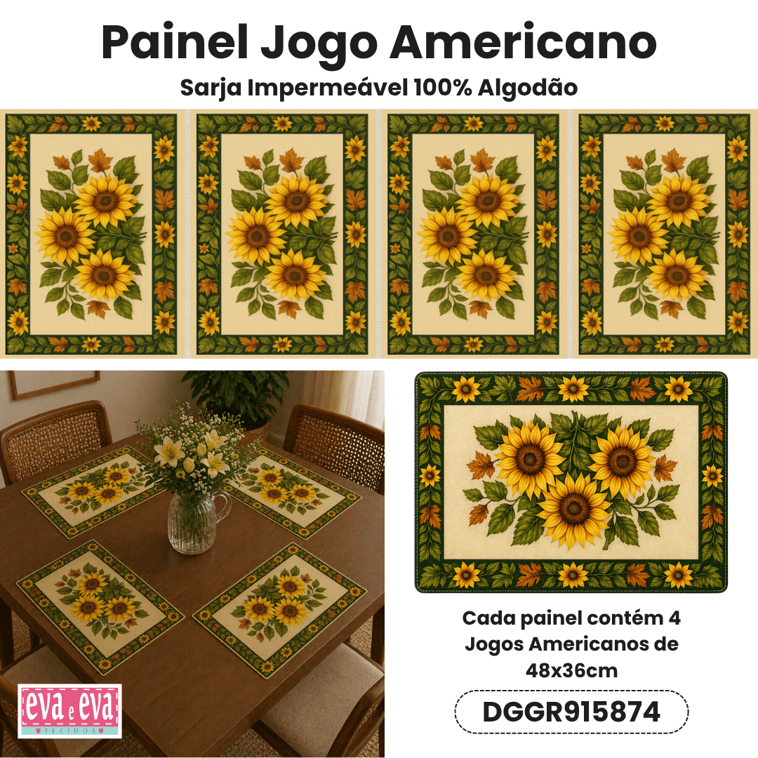 Tecido Painel em Sarja Impermeável 100% Algodão | 4 Jogos Americanos | Floral - Campos de Girassol | DGGR915874