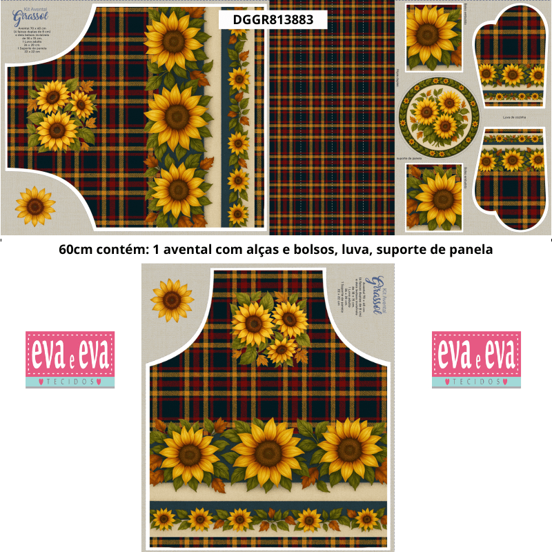 TECIDO SARJA IMPERMEAVEL EXCLUSIVO 100% ALGODÃO - CAMPOS DE GIRASSOL - KIT AVENTAL - DGGR813883