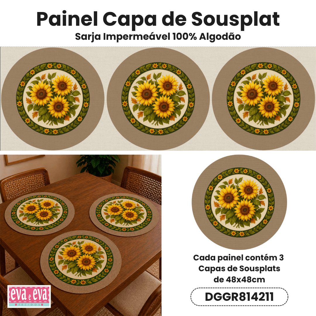 Tecido Painel em Sarja Impermeável 100% Algodão | 3 Capas de Sousplat | Floral - Campos de Girassol | DGGR814211