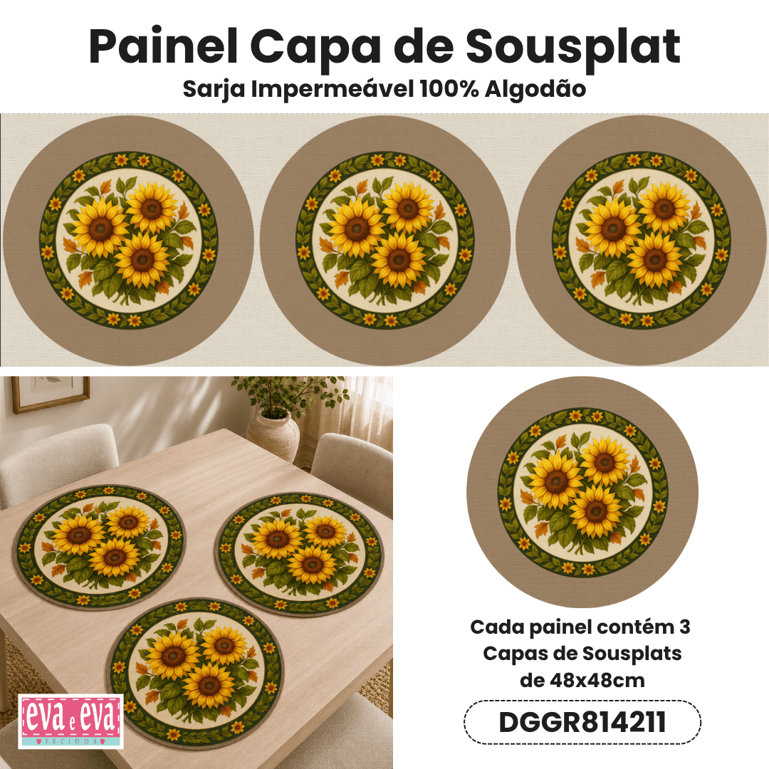 Tecido Painel em Sarja Impermeável 100% Algodão | 3 Capas de Sousplat | Floral - Campos de Girassol | DGGR814211