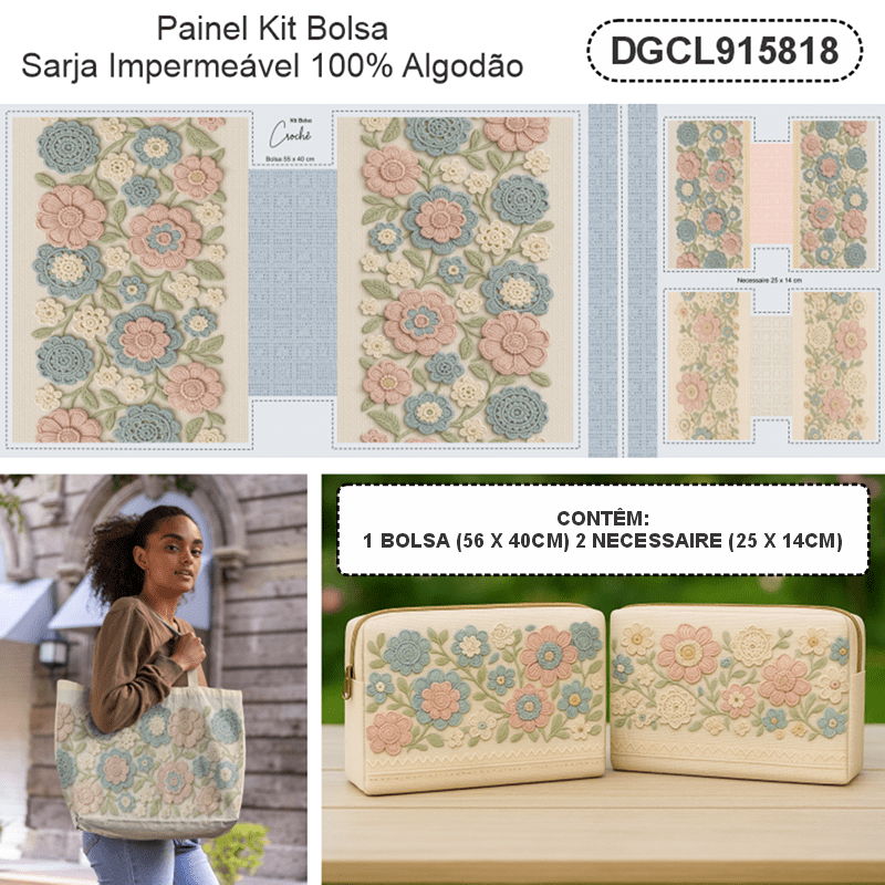 TECIDO SARJA IMPERMEAVEL EXCLUSIVO 100% ALGODÃO -CROCHÊ COLORÉ - BOLSA E NECESSAIRE -DGCL915818