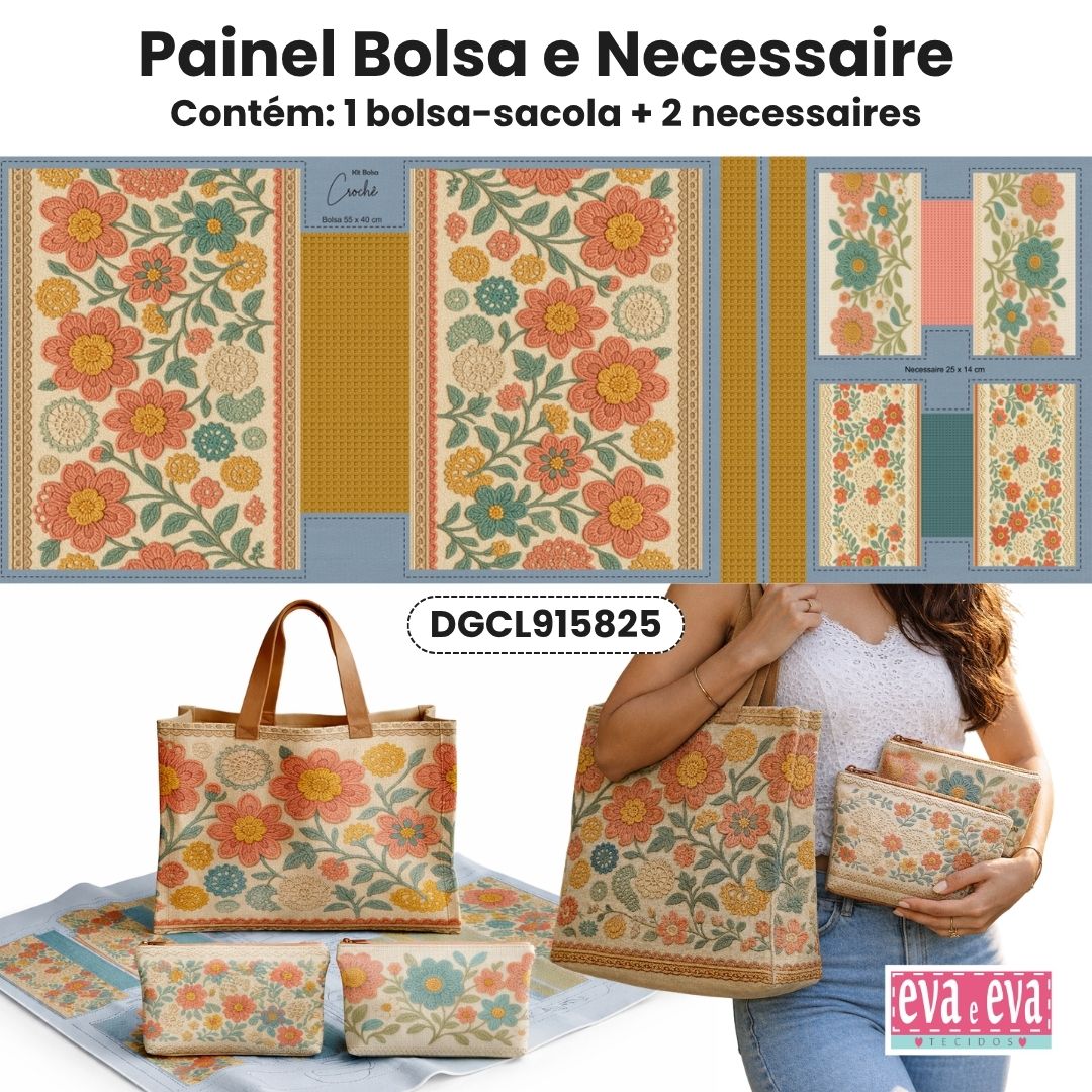 TECIDO SARJA IMPERMEAVEL EXCLUSIVO 100% ALGODÃO-CROCHÊ COLORÉ - BOLSA E NECESSAIRE- DGCL915825