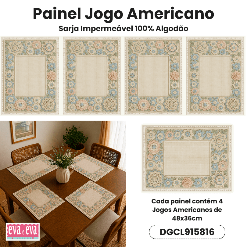 Tecido Painel em Sarja Impermeável 100% Algodão | 4 Jogos Americanos | Floral - Crochê Colorê | DGCL915816