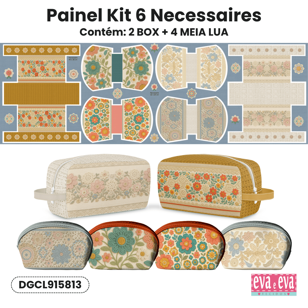 Tecido Painel Costura Criativa Kit 6 Necessaire Sarja Impermeável 100% Algodão - CROCHÊ COLORÊ DGCL915813