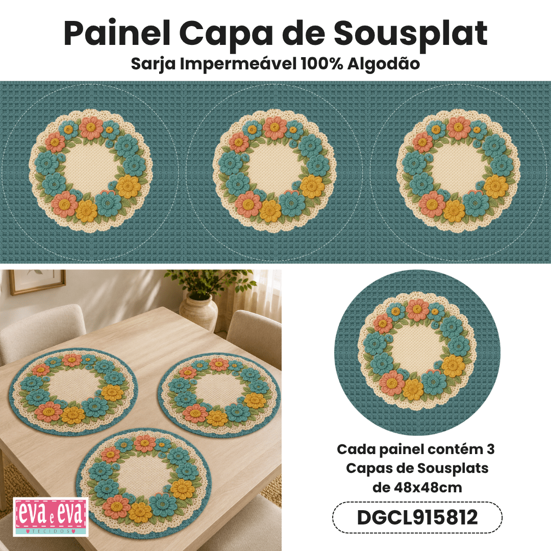 Tecido Painel em Sarja Impermeável 100% Algodão | 3 Capas de Sousplat | Floral - Crochê Colorê | DGCL915812