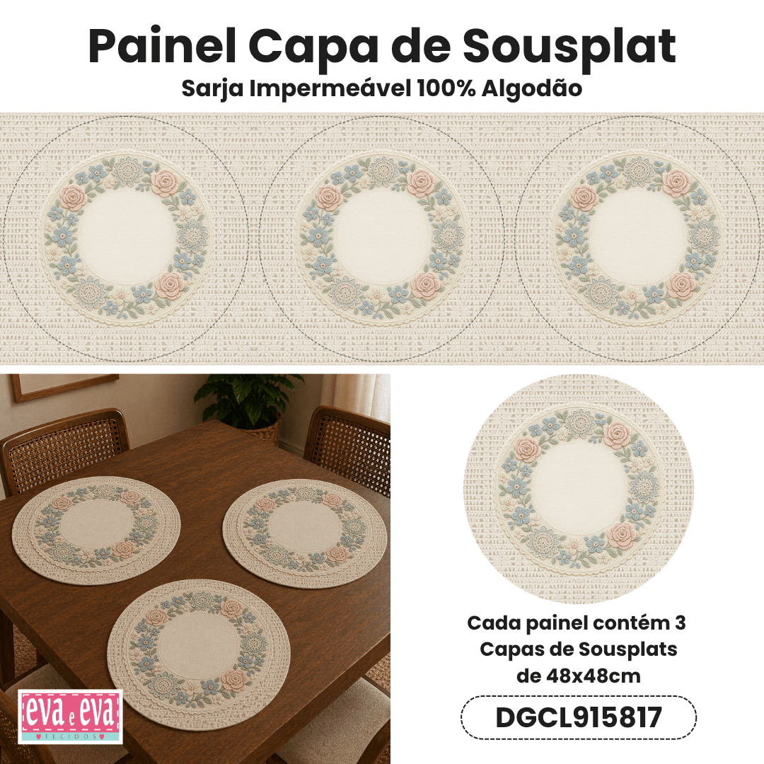 Tecido Painel em Sarja Impermeável 100% Algodão | 3 Capas de Sousplat | Floral - Crochê Colorê | DGCL915817