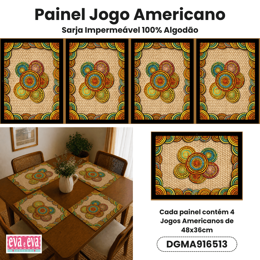 TECIDO SARJA IMPERMEAVEL EXCLUSIVO 100% ALGODÃO - MANDALAS AFRICANAS - JOGO AMERICANO - DGMA916513