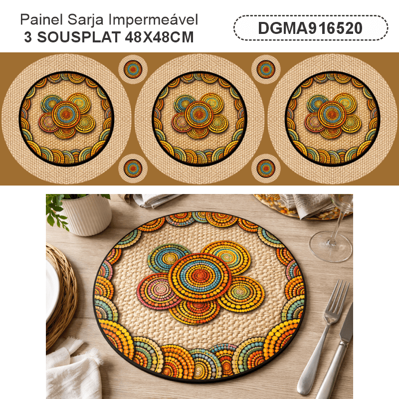 TECIDO SARJA IMPERMEAVEL EXCLUSIVO 100% ALGODÃO - MANDALAS AFRICANAS - SOUSPLAT - DGMA916520