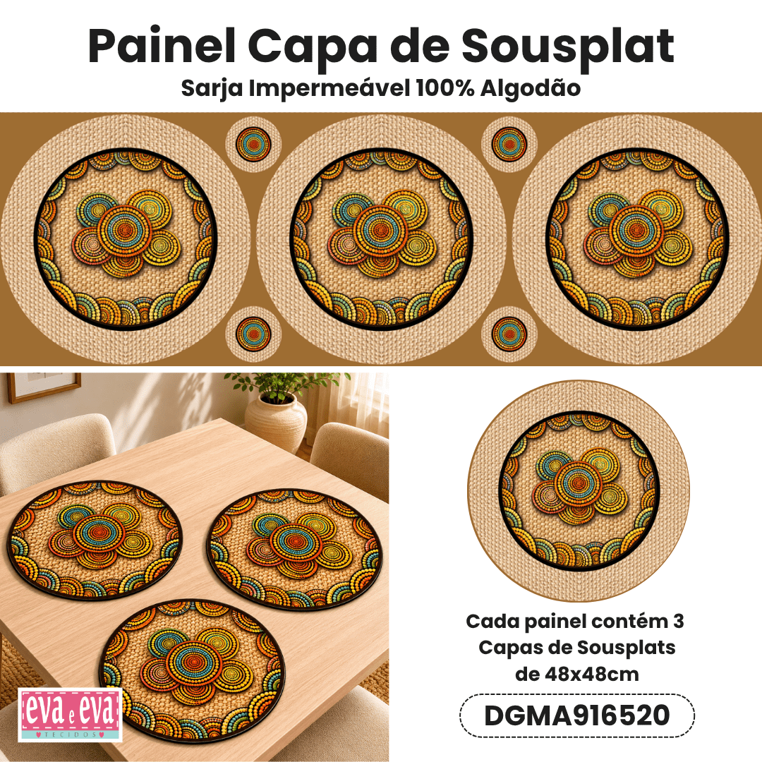 TECIDO SARJA IMPERMEAVEL EXCLUSIVO 100% ALGODÃO - MANDALAS AFRICANAS - SOUSPLAT - DGMA916520