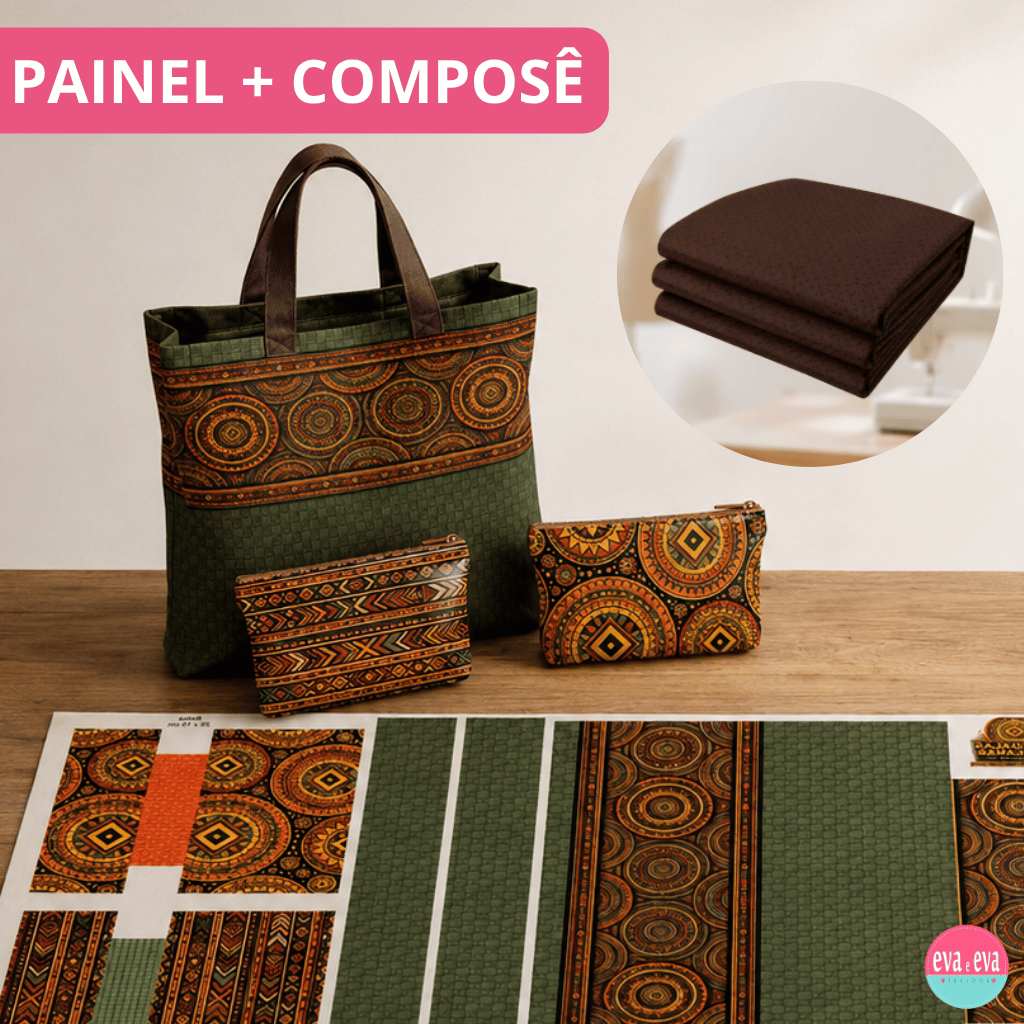 Tecido Sarja Impermeável kit Painel Recorte e Costure Bolsa +2 Necessaires com Tricoline – Mandala Costura Criativa DIY