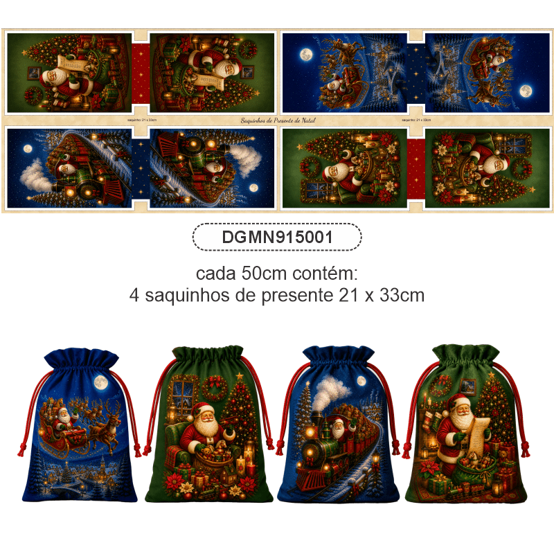 TECIDO TRICOLINE EXCLUSIVO 100% ALGODÃO - MAGIA DE NATAL - SAQUINHO DE PRESENTE - DGMN915001