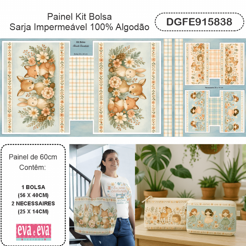 TECIDO SARJA IMPERMEAVEL EXCLUSIVO 100% ALGODÃO- FLORESTA ENCANTADA- BOLSA E NECESSAIRE -DGFE915838