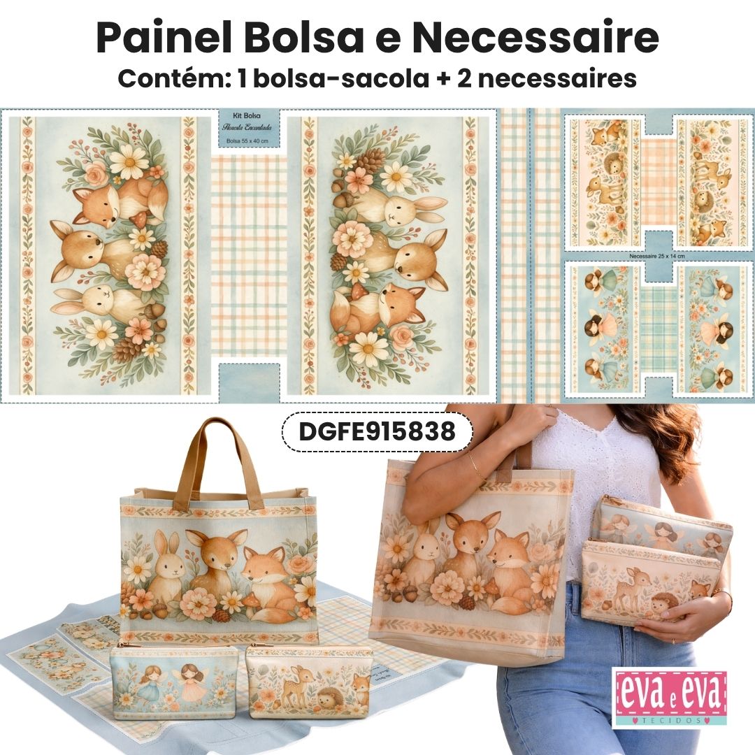TECIDO SARJA IMPERMEAVEL EXCLUSIVO 100% ALGODÃO- FLORESTA ENCANTADA- BOLSA E NECESSAIRE -DGFE915838