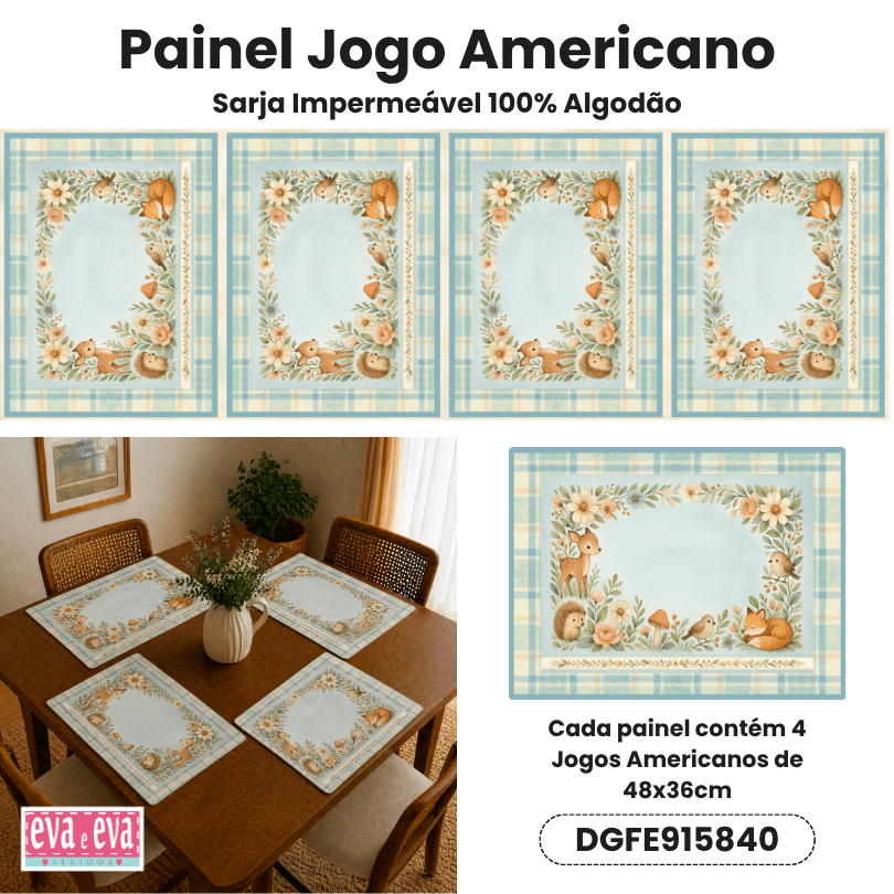 Tecido Painel em Sarja Impermeável 100% Algodão | 4 Jogos Americanos | Infantil - Floresta Encantada | DGFE915840