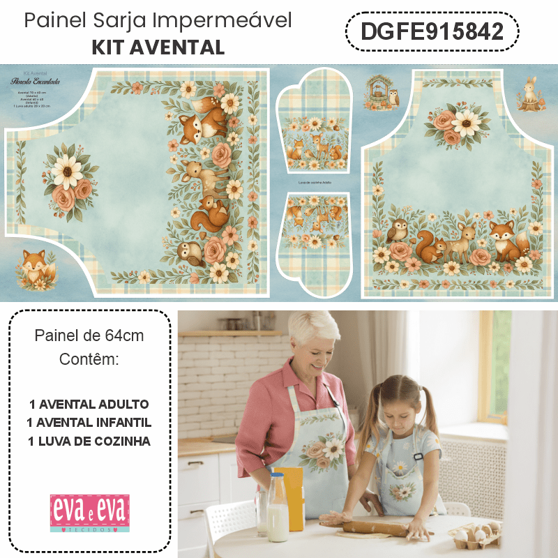 TECIDO SARJA IMPERMEAVEL EXCLUSIVO 100% ALGODÃO - FLORESTA ENCANTADA - KIT AVENTAL - DGFE915842