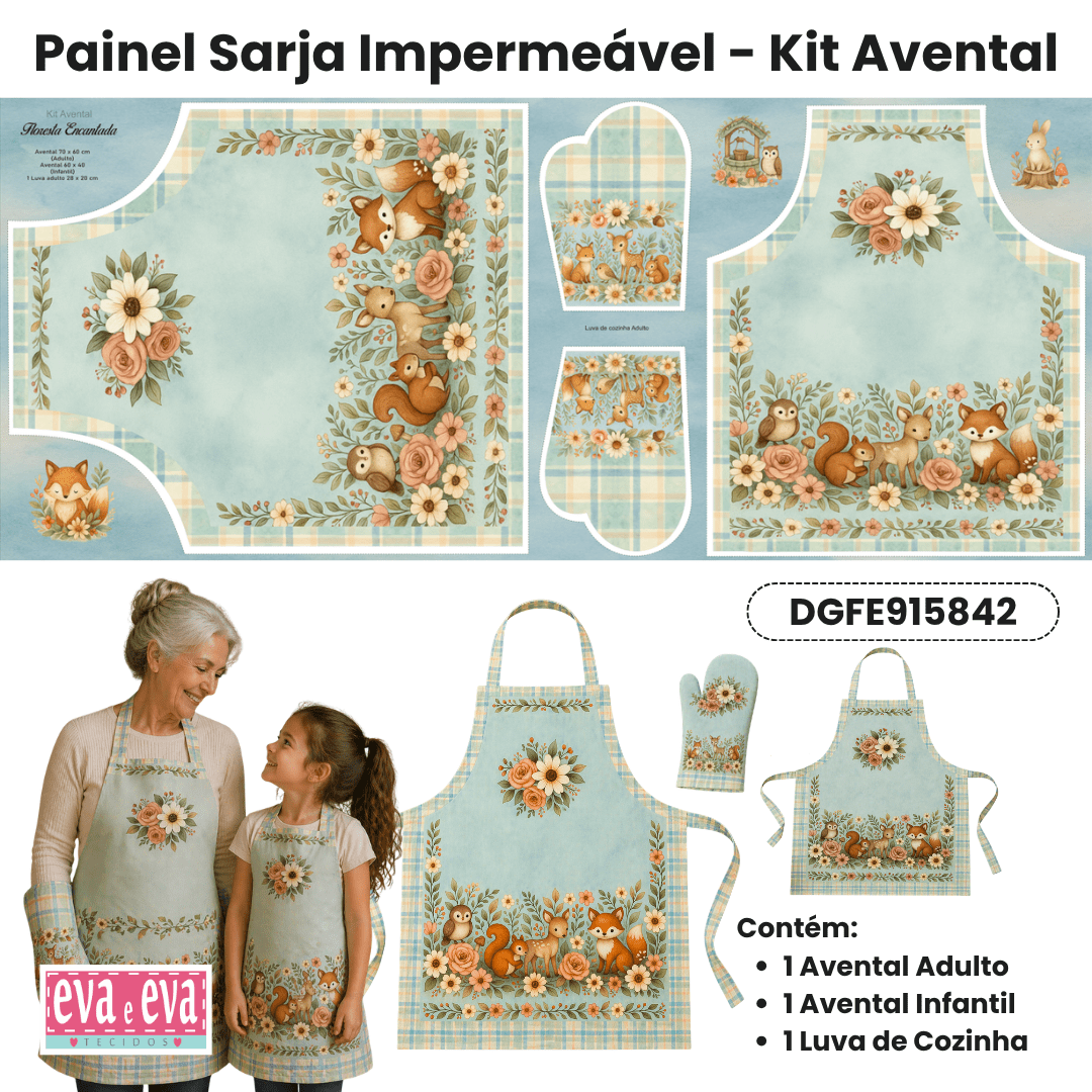 Tecido Painel Costura Criativa Kit Avental Sarja Impermeável 100% Algodão - FLORESTA ENCANTADA - DGFE915842